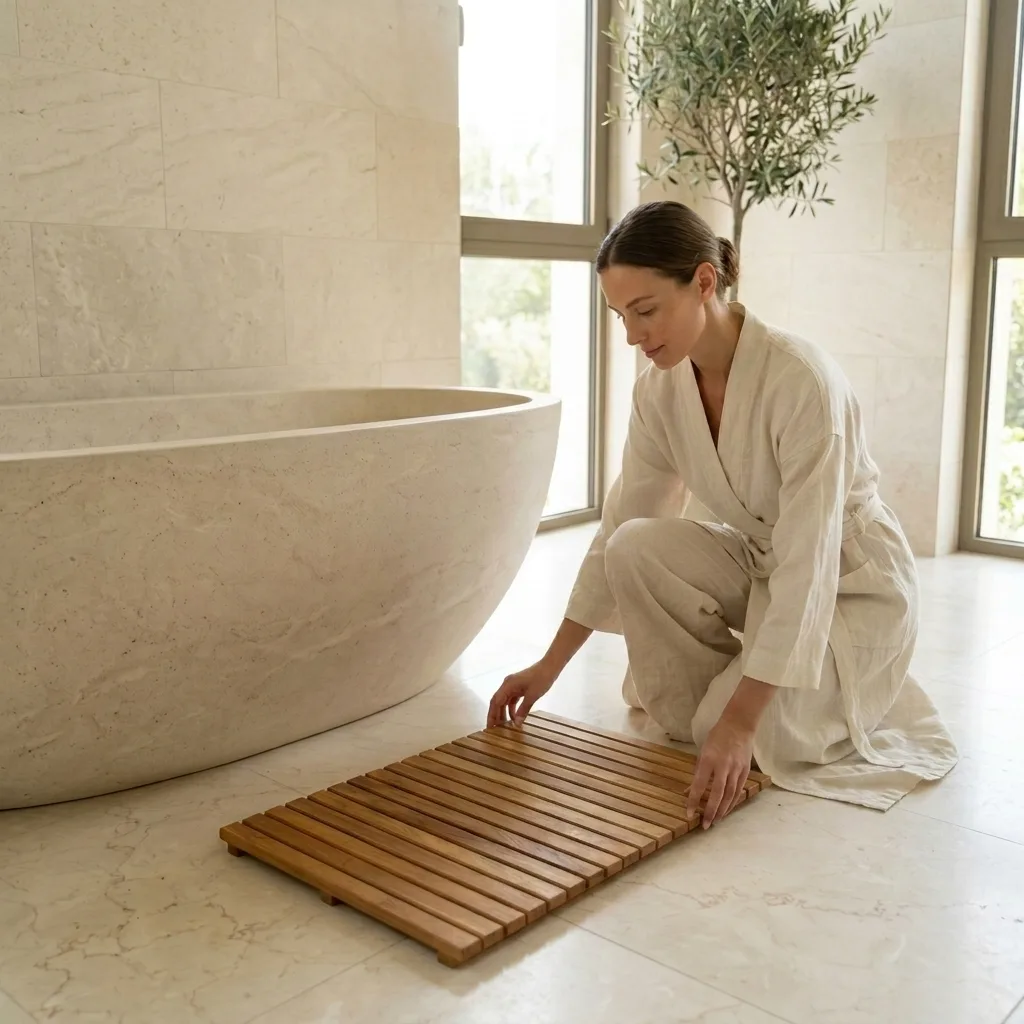 Modern ve ferah bir banyoda küvet önüne yerleştirilen 50x80 ahşap banyo duş matı; spa tarzı banyo dekorasyonu ve kullanıcı deneyimi.