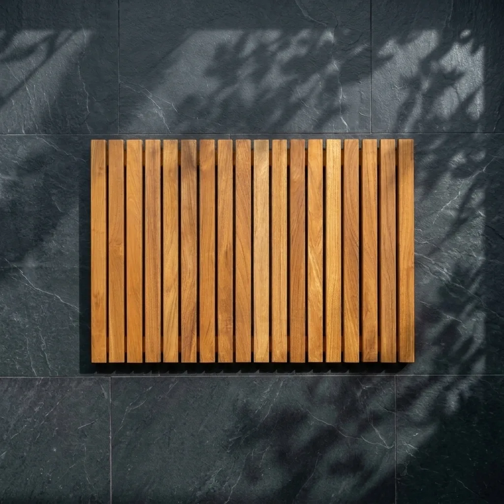 50x80 cm masif teak ahşap banyo kaydırmazı; suya dayanıklı ızgaralı tasarım ve siyah antrasit zemin üzerinde modern duş matı.
