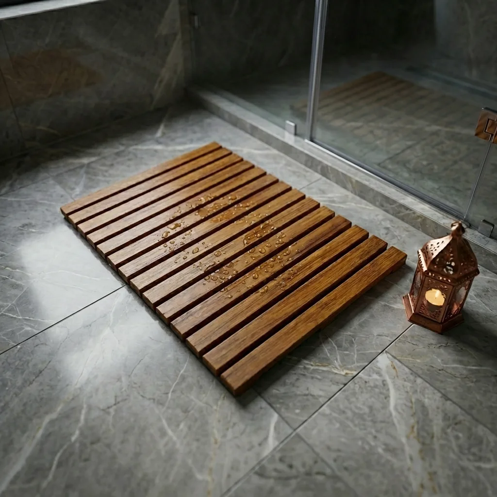 Duş ünitesi önünde konumlandırılmış 50x80 cm boyutlarında ızgaralı masif teak ahşap banyo kaydırmazı, duş matı.
