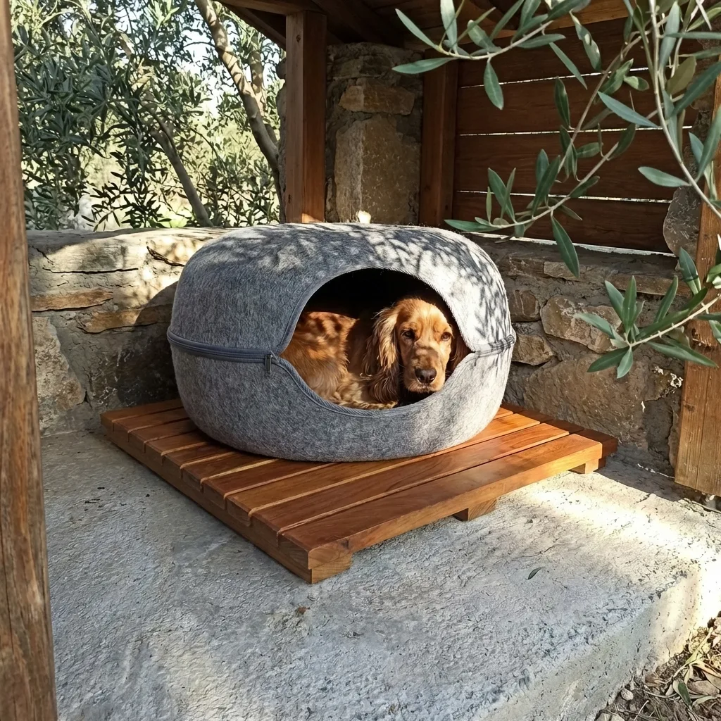 50x50 cm masif Teak köpek yatağı bazası üzerinde gri keçe yuva; dış mekanda nem korumalı pet bazası.