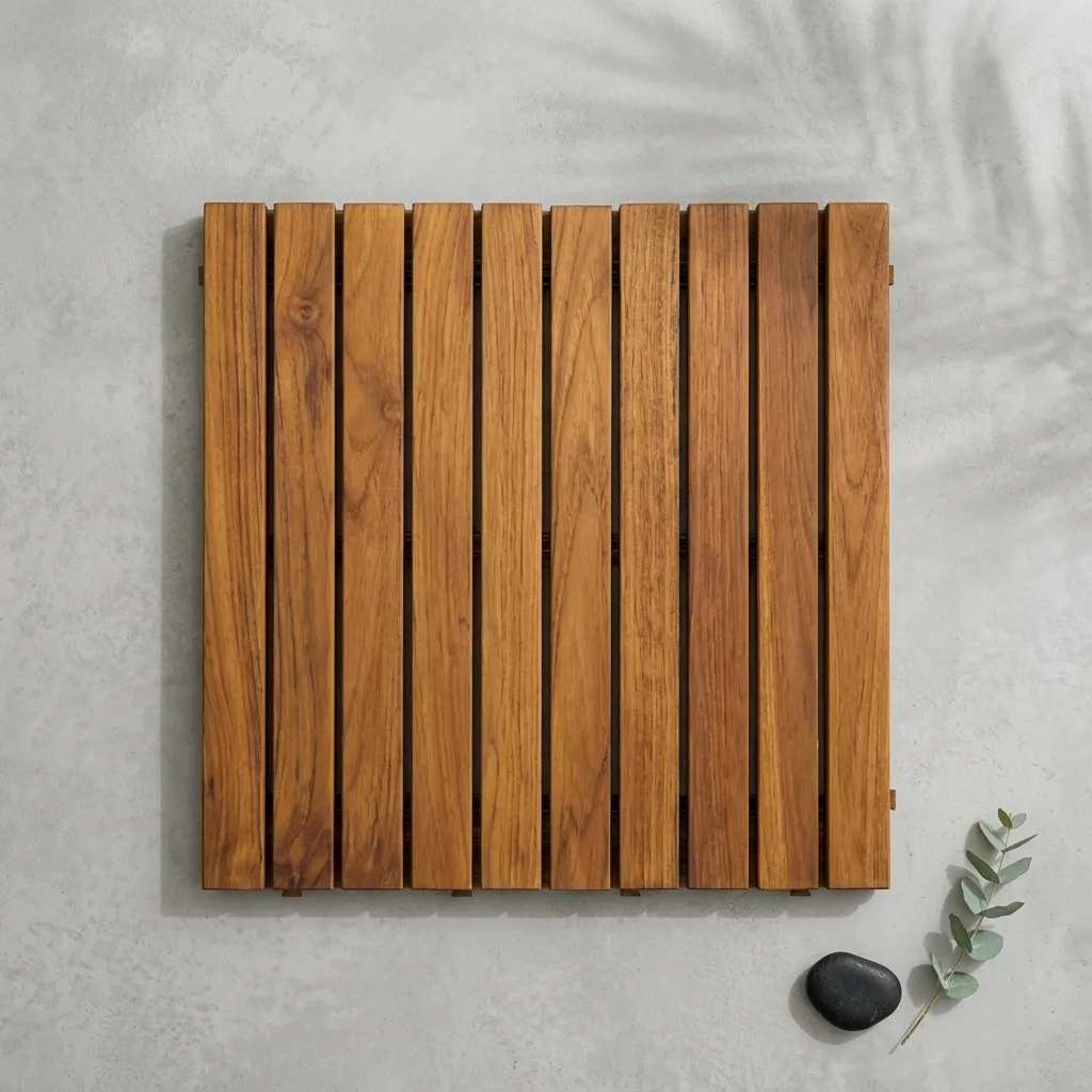 Üstten çekim 50x50 cm masif Teak ahşap deck yer döşeme karosu - Teak Deck Tiles.