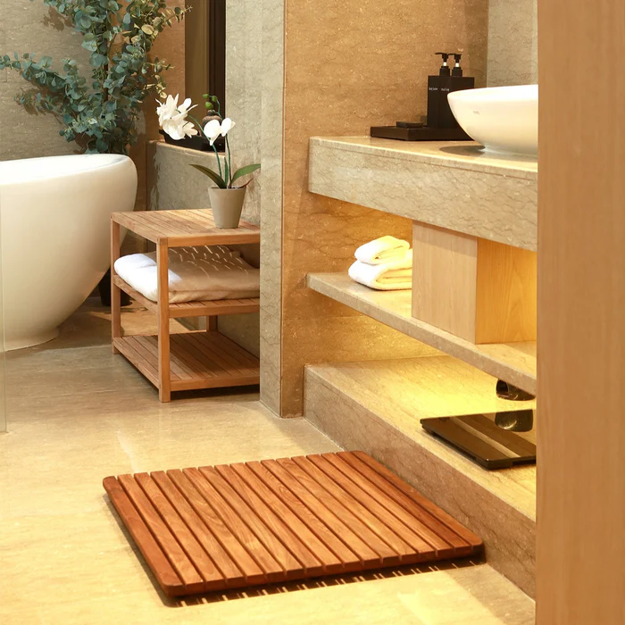 Teak ağacından üretilmiş, mutfak ve banyo lavabosu önünde kullanılan ahşap lavabo paspası.
