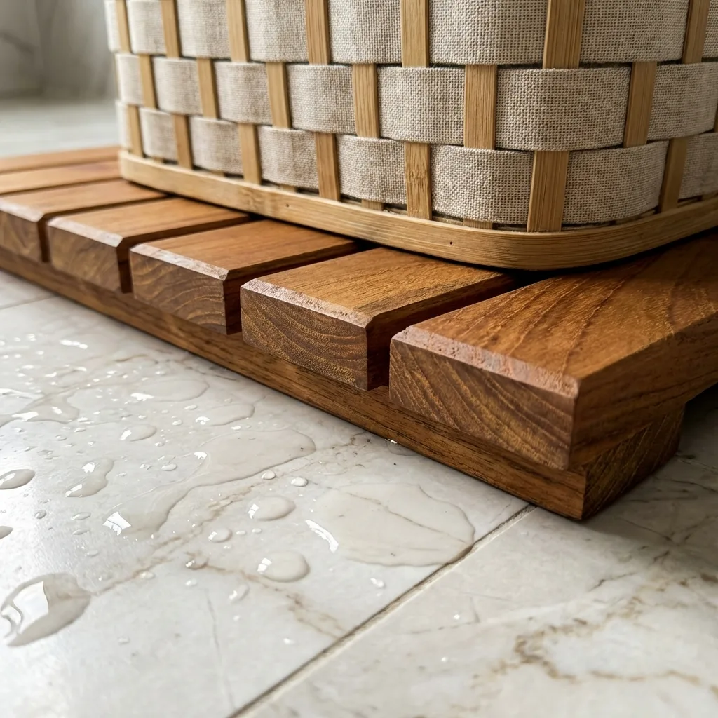 40x40 cm kare formda ızgaralı masif Teak ağacından hijyenik kirli sepeti altlığı banyo paleti.