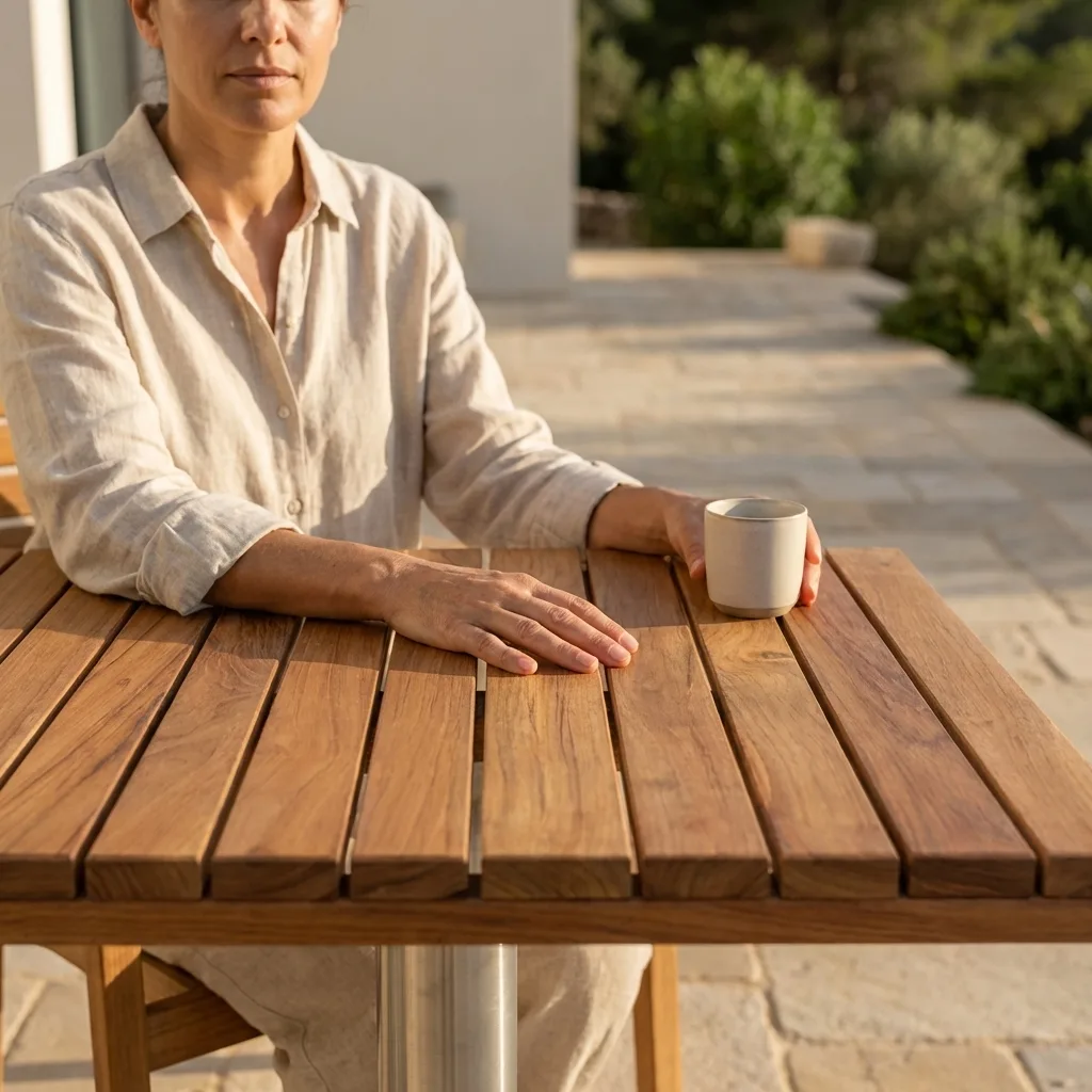 18 mm kalınlığa sahip, ızgara modelli, 50x50 cm masif Teak kare balkon masa tablası çekimi.