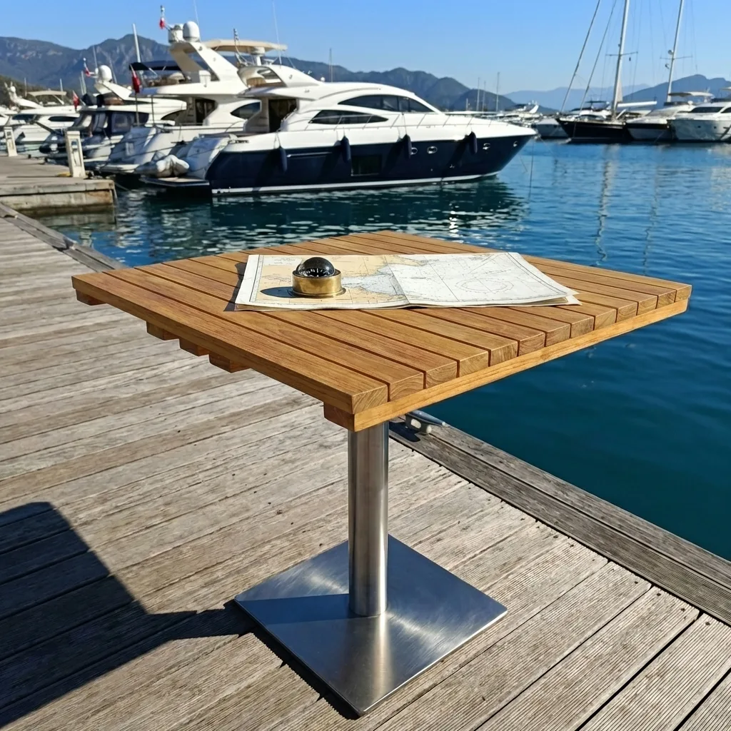 Kafe ve restoran dış mekan kullanımı için uygun 60x60 masif Teak kare ahşap masa tablası.