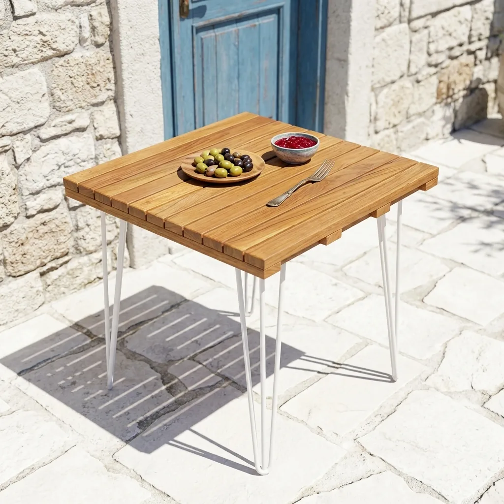 Dış mekan kullanımına uygun doğal bal renginde 50x50 cm masif ahşap teak kare balkon masa tablası detayı.