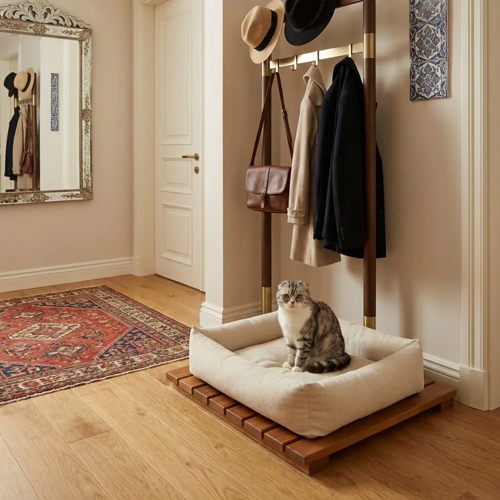 Portmanto yanında duran 45x45 cm masif Teak kedi yatağı bazası; krem minderli pürüzsüz kedi yatak baza platformu.